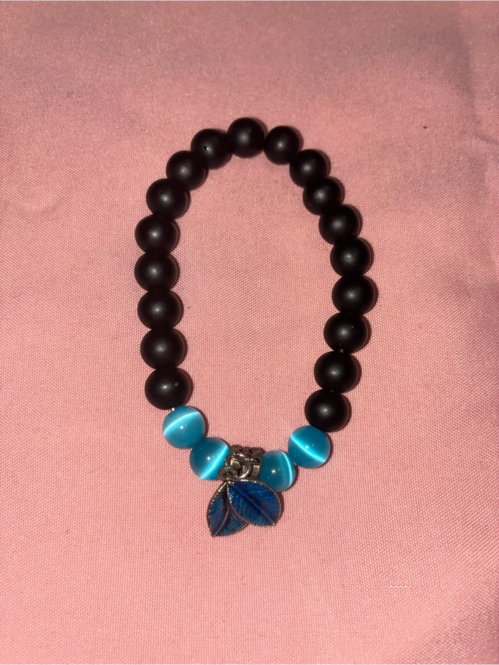 Black and Blue Beaded Leaf Charm Bracelet